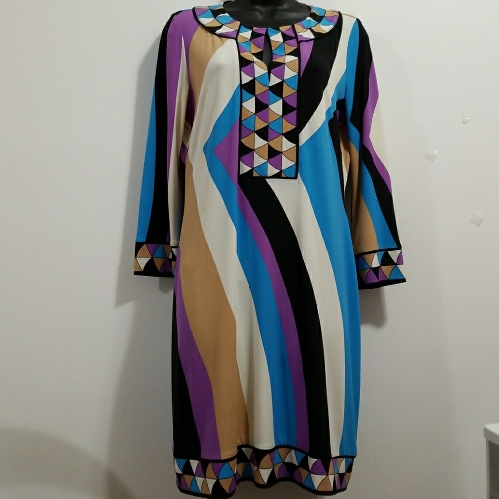 ALI RO Shift Dress Size 6 Retro Mod Print 3/4 Sleeve Multi-Color Geometric